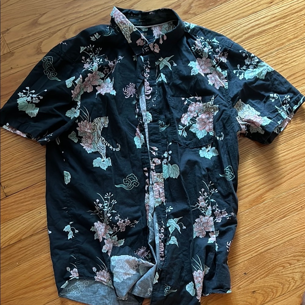 Roark Black and Pink Casual Button Down Shirt with Floral Design